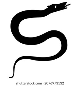 Fantastic snake, serpent or dragon. Medieval animal art. Black silhouette on white background. Isolated vector illustration. 