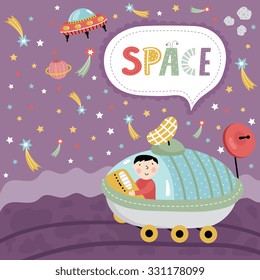 Fantastic space. Astronaut on a space vehicle traveling on the planet. Cartoon illustration of cosmic sky, stars, planets, UFOs. 