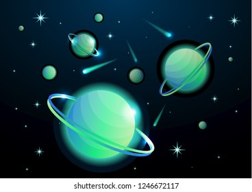 Fantastic space background with planets with ring, stars and comets. Astronomy and space, celestial objects, astrology and the universe, the space of galaxies and cosmic lights. Vector illustration.