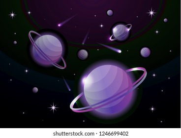 Fantastic space background with planets with ring, stars and comets. Astronomy and space, celestial objects, astrology and the universe, the space of galaxies and cosmic lights. Vector illustration.