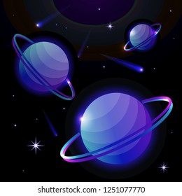 Fantastic space background with planets with ring, stars and comets. Astronomy and space, celestial objects, astrology and the universe, the space of galaxies and cosmic lights. Vector illustration.