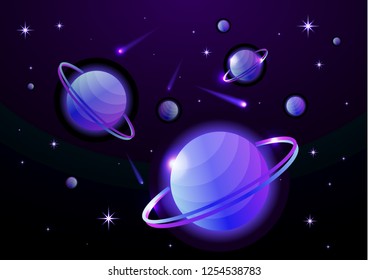 Fantastic space background with planets with ring, stars and comets. Astronomy and space, celestial objects, astrology and the universe, the space of galaxies and cosmic lights. Vector illustration.