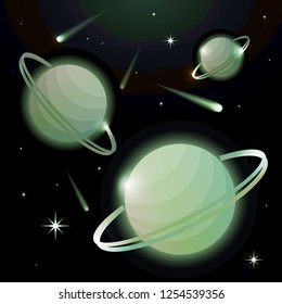 Fantastic space background with planets with ring, stars and comets. Astronomy and space, celestial objects, astrology and the universe, the space of galaxies and cosmic lights. Vector illustration.