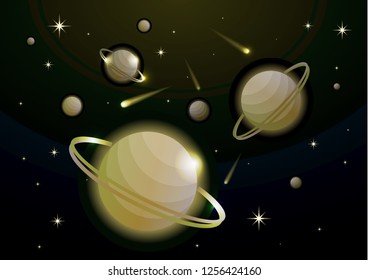 Fantastic space background with planets with ring, stars and comets. Astronomy and space, celestial objects, astrology and the universe, the space of galaxies and cosmic lights. Vector illustration.