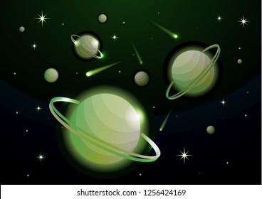Fantastic space background with planets with ring, stars and comets. Astronomy and space, celestial objects, astrology and the universe, the space of galaxies and cosmic lights. Vector illustration.