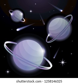 Fantastic space background with planets with ring, stars and comets. Astronomy and space, celestial objects, astrology and the universe, the space of galaxies and cosmic lights. Vector illustration.