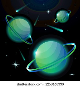 Fantastic space background with planets with ring, stars and comets. Astronomy and space, celestial objects, astrology and the universe, the space of galaxies and cosmic lights. Vector illustration.