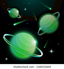 Fantastic space background with planets with ring, stars and comets. Astronomy and space, celestial objects, astrology and the universe, the space of galaxies and cosmic lights. Vector illustration.