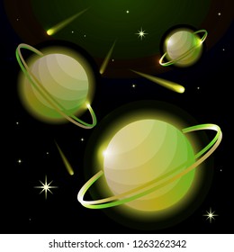 Fantastic space background with planets with ring, stars and comets. Astronomy and space, celestial objects, astrology and the universe, the space of galaxies and cosmic lights. Vector illustration.