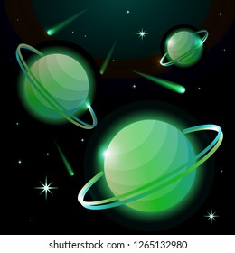 Fantastic space background with planets with ring, stars and comets. Astronomy and space, celestial objects, astrology and the universe, the space of galaxies and cosmic lights. Vector illustration.