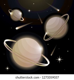 Fantastic space background with planets with ring, stars and comets. Astronomy and space, celestial objects, astrology and the universe, the space of galaxies and cosmic lights. Vector illustration.