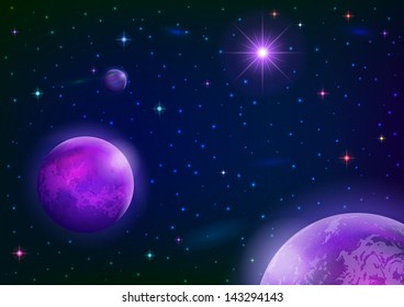 Fantastic space background with three violet planets, sun and stars. Elements of this image furnished by NASA. Vector eps10, contains transparencies