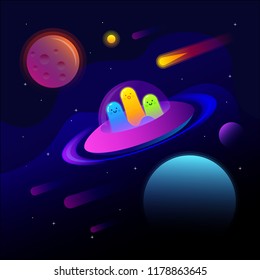 Fantastic space background with UFO and good extraterrestrials. Extraterrestrial technology. Vector illustration