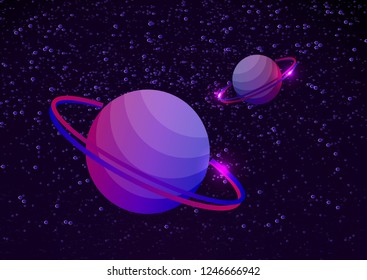 Fantastic space background with uncharted planets with a ring, stars and nebulae. Vector illustration