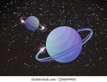 Fantastic space background with uncharted planets with a ring, stars and nebulae. Vector illustration