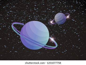 Fantastic space background with uncharted planets with a ring, stars and nebulae. Vector illustration