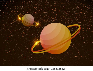 Fantastic space background with uncharted planets with a ring, stars and nebulae. Vector illustration