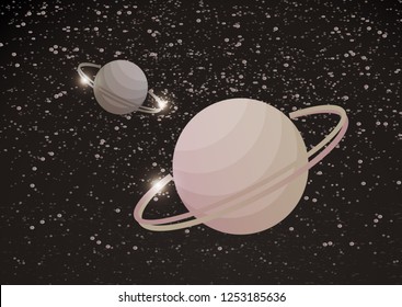 Fantastic space background with uncharted planets with a ring, stars and nebulae. Vector illustration