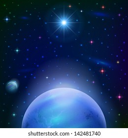 Fantastic space background with unexplored blue planet, satellite, sun, stars and nebulas. Elements of this image furnished by NASA. Vector eps10, contains transparencies
