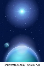Fantastic Space Background with Unexplored Blue Planet, Satellite, Sun and Stars. Eps10, Contains Transparencies. Vector