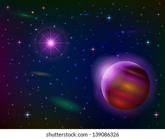 Fantastic space background with unexplored planet, lilac sun, stars and nebulas. Vector eps10, contains transparencies