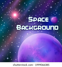 Fantastic Space Background with Unexplored Symbolic Planet, Satellite, Sun and Stars. Eps10, Contains Transparencies. Vector