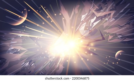 Fantastic space explosion theme wallpaper. Shards, sparks, burst of energy, meteorites, silhouettes of planets. Author's work. Vector.
