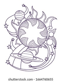 Fantastic space landscape with planets of solar system and stars. Page of coloring book. Vector illustration isolated on white background.