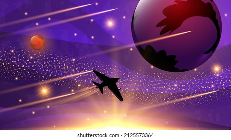 Fantastic space landscape. The silhouette of a starship, meteorites, an array of particles, against the background of planets, stars, a powerful glow and a dark sky. Author's work. Vector.