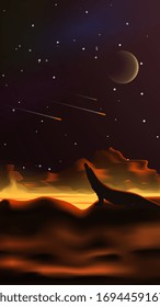 Fantastic space landscape in the style of realism. Lava river. Planet in the sky. Silhouette of a lizard that looks at the falling meteors. Vertical vector illustration.