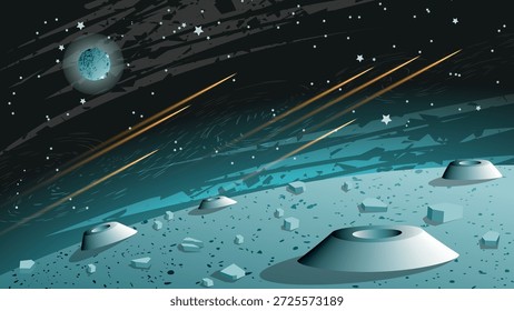 Paisagem espacial fantástica. A superfície de um planeta abstrato contra o pano de fundo do universo com estrelas, meteoritos, nebulosas e objetos espaciais. Trabalho do autor. Vetor.