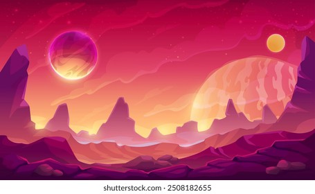 Fantastic space planet surface, mars red mountains landscape and glowing celestial bodies in purple sky. Cartoon vector game level background, futuristic scenery evoking sense of wonder and adventure