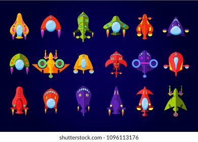 Fantastic spaceships set, ufo and rockets in space vector Illustration