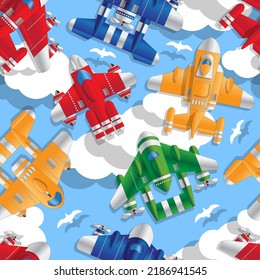 Fantastic spaceships in the sky. Seamless pattern. Vector illustration.