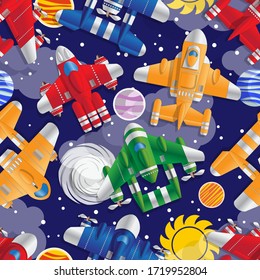 Fantastic spaceships in space. Seamless pattern. Vector illustration.
