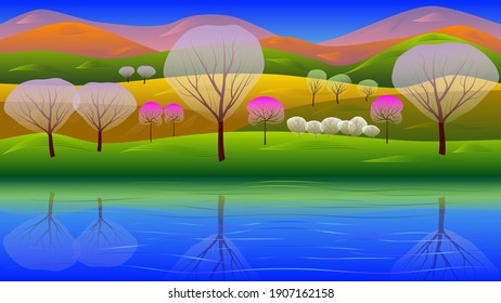 Fantastic spring landscape. River. Blooming trees. Hills. The mountains. Colorful banner. Vector illustration.