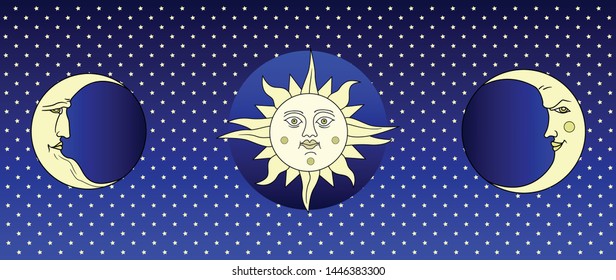 Fantastic starry sky for background. Sun and moon with the face of a mans and woman. Retro and folk style. Vector image. Flat design