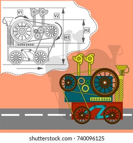 Fantastic Steam Machine with Drawing. Vector illustration