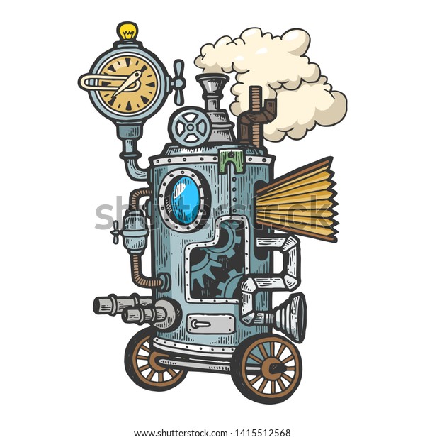 Fantastic steam punk machine color sketch\
engraving vector illustration. Scratch board style imitation. Black\
and white hand drawn\
image.