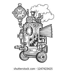 Fantastic steam punk machine engraving vector illustration. Scratch board style imitation. Black and white hand drawn image.