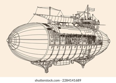 Fantastic steampunk airship. Figure isolated on beige background.