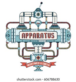 Fantastic steampunk apparatus with  pipes, cables,  lever and valve. Colored Vector illustration.