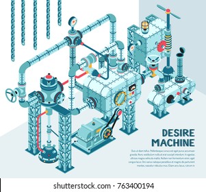 Fantastic steampunk industrial machine of intricate design - with pipes, fittings, adapters, flanges, valves. Isometric illustration.