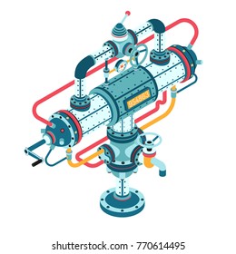 Fantastic steampunk machine made of pipes, casings, cables, flanges, fittings, valves, cranes, wires and so on. 3d isometric vector illustration. Can be disassembled into separate parts.