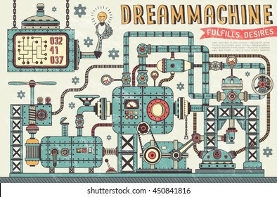 Fantastic steampunk machine in vintage style. Interweaving pipe units, pressure gauges, devices, components. Retro texture on a separate layer.