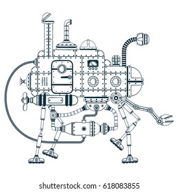 Fantastic steampunk self-propelled machine with four legs. Vector monochrome illustration.