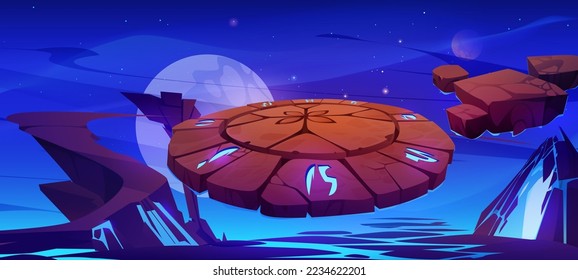 Fantastic stone platform against space background. Cartoon vector illustration of cosmic landscape with alien planet, stars glowing in sky, game level arena with neon blue symbols. Gui backdrop design