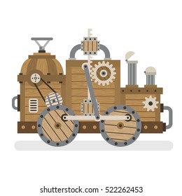 Fantastic strange wooden retro machine with mechanisms, gears, pipes, wheels. Layered vector illustration - easy to edit.