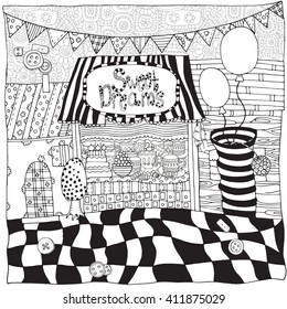 Fantastic street background. Artistically houses.  Pattern for coloring book. Made by trace from sketch. Black and white.