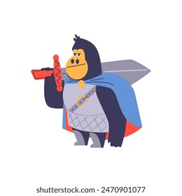 A fantastic strong gorilla warrior in armor with a cape, armed with a sword on a white background. Vector cartoon illustration, perfect for game characters